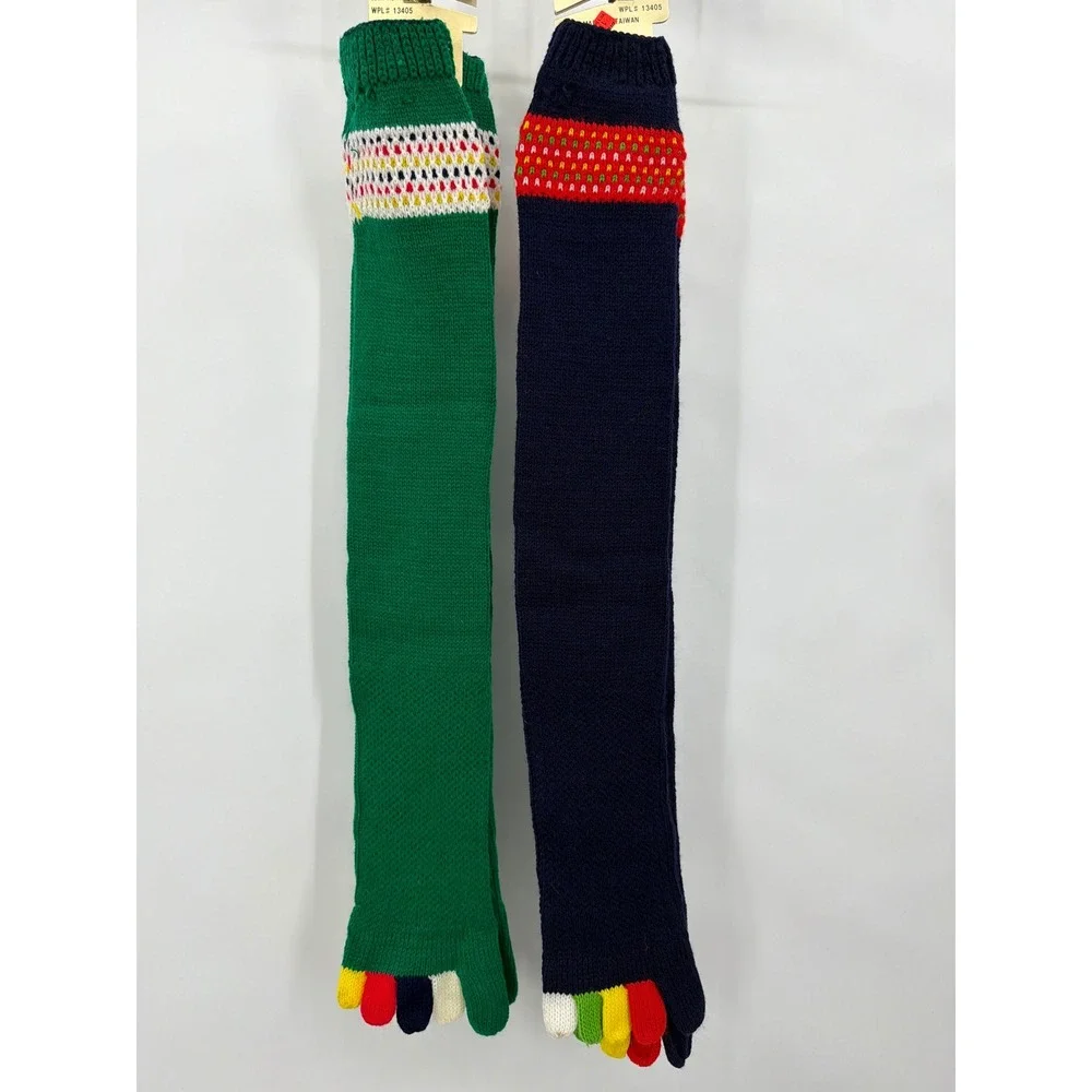 Vintage 70s Toe‎ Socks Set 2 Pairs Navy Green Acrylic Knee High Deadstock New